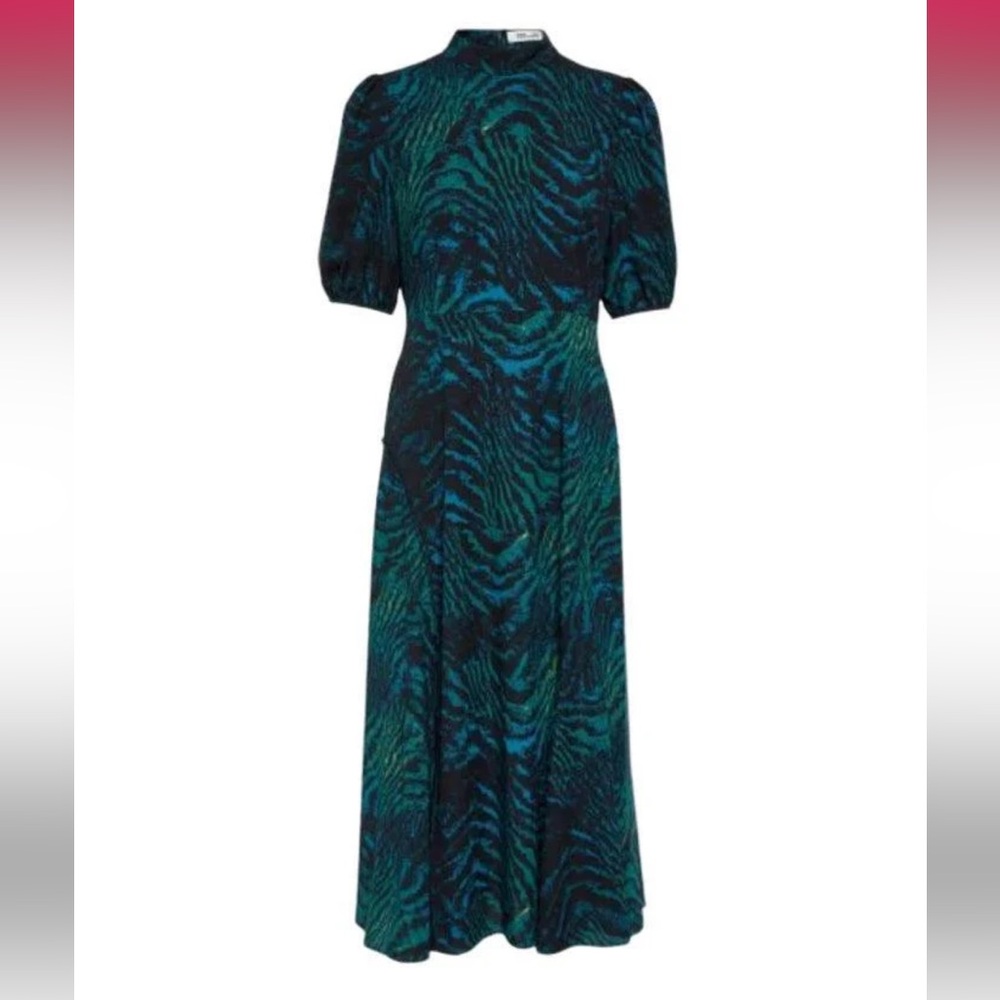 Diane Von Furstenburg DVF Nella Midi Dress 0 Green Moire Tiger Luxury Maximalist
